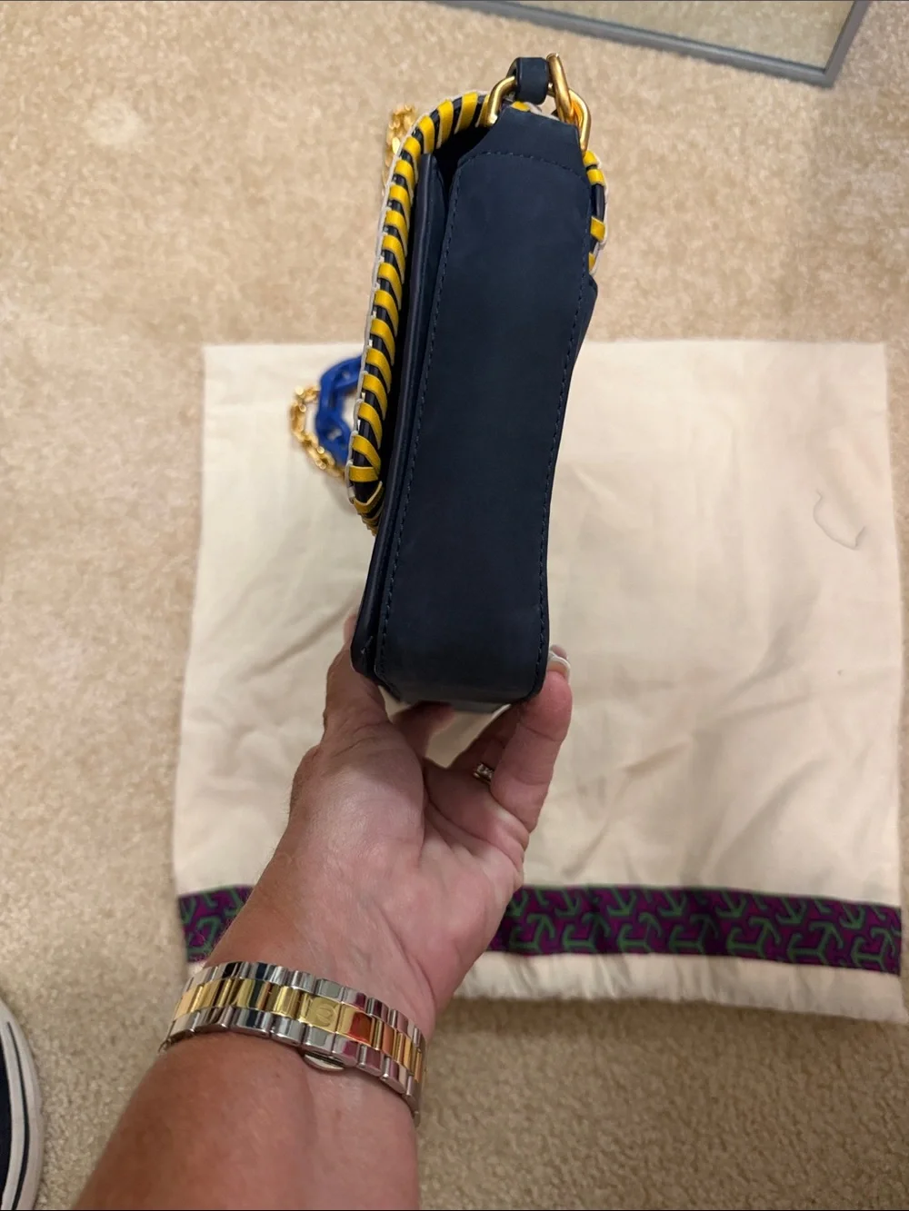 Tory Burch Navy Shoulder Bag with Multicolor Whipstitch and Gold Chain